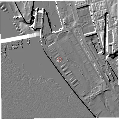 Shaded relief map of the ground around L34BE, computed from Environment Agency LiDAR. The ground here sits at about 8 m above sea level and falls 31 m across the surrounding 800 m. Surface water reaching this point runs off ground lying to the south-east, 1.5 m higher.