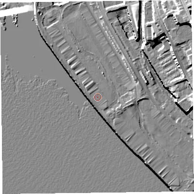 Shaded relief map of the ground around L34BG, computed from Environment Agency LiDAR. The ground here sits at about 8 m above sea level and falls 40 m across the surrounding 800 m. Surface water reaching this point runs off ground lying to the east, 1.4 m higher.