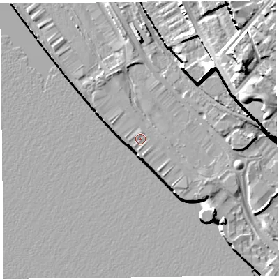 Shaded relief map of the ground around L34BH, computed from Environment Agency LiDAR. The ground here sits at about 8 m above sea level and falls 40 m across the surrounding 800 m. The ground contributing surface water to this point lies to the south.