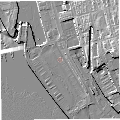 Shaded relief map of the ground around L34BL, computed from Environment Agency LiDAR. The ground here sits at about 8 m above sea level and falls 39 m across the surrounding 800 m. Surface water reaching this point runs off ground lying to the east, 26.4 m higher.
