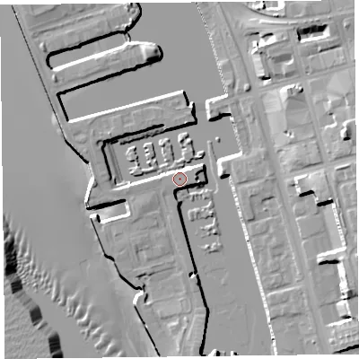 Shaded relief map of the ground around L34BP, computed from Environment Agency LiDAR. The ground here sits at about 7 m above sea level and falls 25 m across the surrounding 800 m. Surface water reaching this point runs off ground lying to the east, 3.9 m higher.