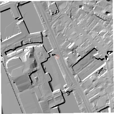 Shaded relief map of the ground around L34BU, computed from Environment Agency LiDAR. The ground here sits at about 6 m above sea level and falls 19 m across the surrounding 800 m. Surface water reaching this point runs off ground lying to the south-west, 8.5 m higher.