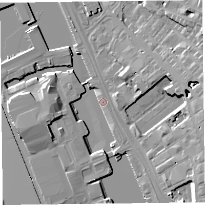 Shaded relief map of the ground around L34BW, computed from Environment Agency LiDAR. The ground here sits at about 7 m above sea level and falls 20 m across the surrounding 800 m. Surface water reaching this point runs off ground lying to the west-south-west, 8.5 m higher.