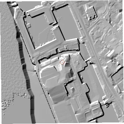 Shaded relief map of the ground around L34BX, computed from Environment Agency LiDAR. The ground here sits at about 8 m above sea level and falls 15 m across the surrounding 800 m. Surface water reaching this point runs off ground lying to the south, 5.6 m higher.