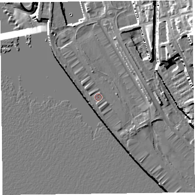 Shaded relief map of the ground around L34BY, computed from Environment Agency LiDAR. The ground here sits at about 8 m above sea level and falls 38 m across the surrounding 800 m. Surface water reaching this point runs off ground lying to the east-south-east, 0.7 m higher.
