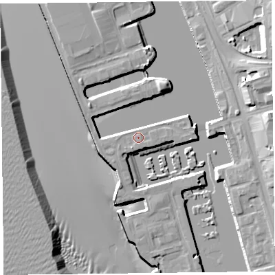 Shaded relief map of the ground around L34DA, computed from Environment Agency LiDAR. The ground here sits at about 7 m above sea level and falls 20 m across the surrounding 800 m. Surface water reaching this point runs off ground lying to the south-south-west, 1.1 m higher.
