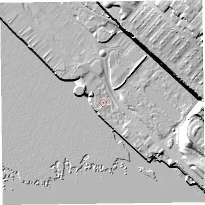 Shaded relief map of the ground around L34DB, computed from Environment Agency LiDAR. The ground here sits at about 7 m above sea level and falls 43 m across the surrounding 800 m. Surface water reaching this point runs off ground lying to the north-east, 38.2 m higher.