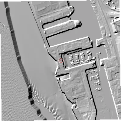 Shaded relief map of the ground around L34EB, computed from Environment Agency LiDAR. The ground here sits at about 7 m above sea level and falls 19 m across the surrounding 800 m. Surface water reaching this point runs off ground lying to the north-north-west, 3.1 m higher.
