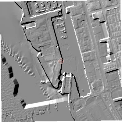 Shaded relief map of the ground around L34EE, computed from Environment Agency LiDAR. The ground here sits at about 8 m above sea level and falls 25 m across the surrounding 800 m. Surface water reaching this point runs off ground lying to the south-south-west, 5.4 m higher.