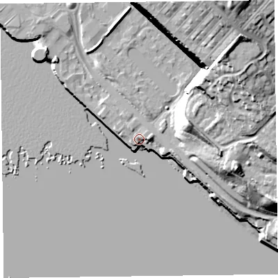 Shaded relief map of the ground around L34EF, computed from Environment Agency LiDAR. The ground here sits at about 8 m above sea level and falls 39 m across the surrounding 800 m. Surface water reaching this point runs off ground lying to the north-east, 1.0 m higher.