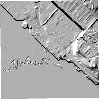 Shaded relief map of the ground around L34EG, computed from Environment Agency LiDAR. The ground here sits at about 7 m above sea level and falls 40 m across the surrounding 800 m. Surface water reaching this point runs off ground lying to the east-north-east, 6.7 m higher.