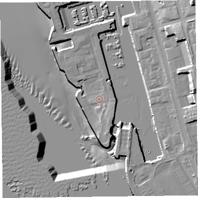 Shaded relief map of the ground around L34EH, computed from Environment Agency LiDAR. The ground here sits at about 7 m above sea level and falls 25 m across the surrounding 800 m. Surface water reaching this point runs off ground lying to the south-east, 3.0 m higher.