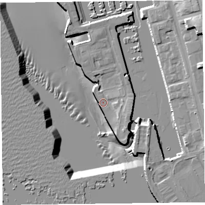 Shaded relief map of the ground around L34EJ, computed from Environment Agency LiDAR. The ground here sits at about 7 m above sea level and falls 22 m across the surrounding 800 m. Surface water reaching this point runs off ground lying to the east-south-east, 3.0 m higher.