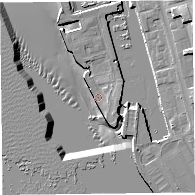 Shaded relief map of the ground around L34EL, computed from Environment Agency LiDAR. The ground here sits at about 7 m above sea level and falls 23 m across the surrounding 800 m. Surface water reaching this point runs off ground lying to the east-north-east, 19.2 m higher.