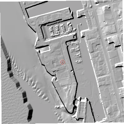 Shaded relief map of the ground around L34EP, computed from Environment Agency LiDAR. The ground here sits at about 7 m above sea level and falls 23 m across the surrounding 800 m. Surface water reaching this point runs off ground lying to the north, 2.1 m higher.