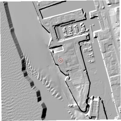 Shaded relief map of the ground around L34ER, computed from Environment Agency LiDAR. The ground here sits at about 7 m above sea level and falls 20 m across the surrounding 800 m. Surface water reaching this point runs off ground lying to the east-north-east, 0.6 m higher.