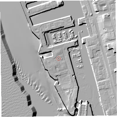 Shaded relief map of the ground around L34ES, computed from Environment Agency LiDAR. The ground here sits at about 7 m above sea level and falls 22 m across the surrounding 800 m. Surface water reaching this point runs off ground lying to the north-west, 0.7 m higher.