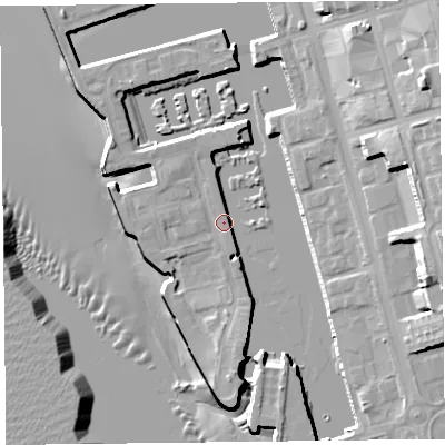 Shaded relief map of the ground around L34EW, computed from Environment Agency LiDAR. The ground here sits at about 7 m above sea level and falls 25 m across the surrounding 800 m. Surface water reaching this point runs off ground lying to the north-north-west, 1.3 m higher.