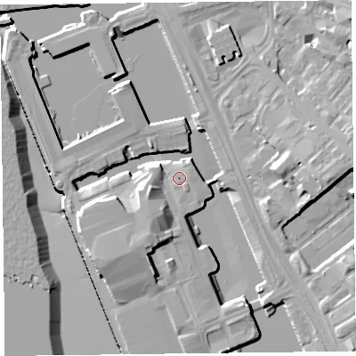 Shaded relief map of the ground around L34EX, computed from Environment Agency LiDAR. The ground here sits at about 7 m above sea level and falls 16 m across the surrounding 800 m. Surface water reaching this point runs off ground lying to the south-south-west, 5.0 m higher.