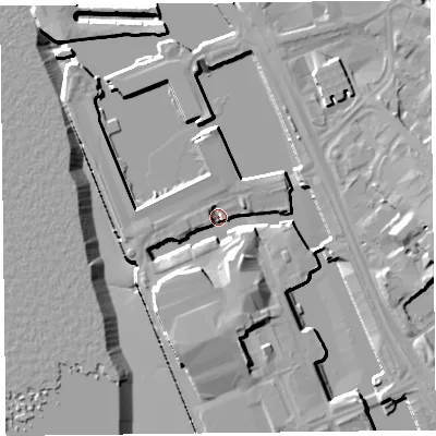 Shaded relief map of the ground around L34FA, computed from Environment Agency LiDAR. The ground here sits at about 4 m above sea level and falls 14 m across the surrounding 800 m. Surface water reaching this point runs off ground lying to the south, 8.5 m higher.