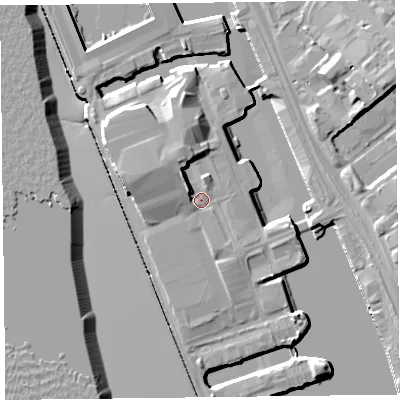 Shaded relief map of the ground around L34FP, computed from Environment Agency LiDAR. The ground here sits at about 7 m above sea level and falls 15 m across the surrounding 800 m. Surface water reaching this point runs off ground lying to the north-west, 4.5 m higher.
