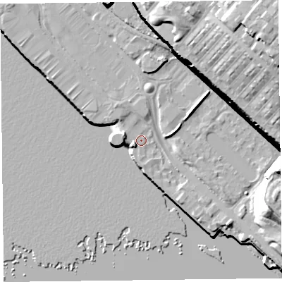 Shaded relief map of the ground around L34GB, computed from Environment Agency LiDAR. The ground here sits at about 7 m above sea level and falls 43 m across the surrounding 800 m. Surface water reaching this point runs off ground lying to the north-east, 37.6 m higher.
