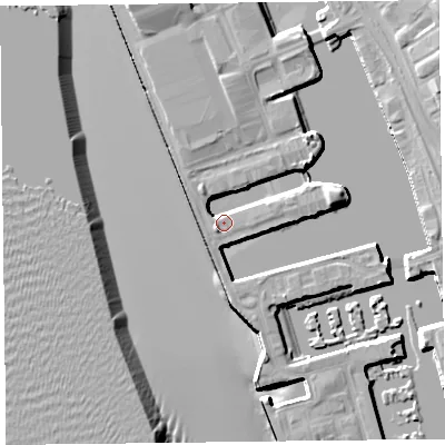 Shaded relief map of the ground around L34GE, computed from Environment Agency LiDAR. The ground here sits at about 7 m above sea level and falls 16 m across the surrounding 800 m. Surface water reaching this point runs off ground lying to the south-west, 5.0 m higher.