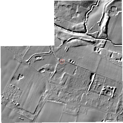 Shaded relief map of the ground around L351QA, computed from Environment Agency LiDAR. The ground here sits at about 17 m above sea level and falls 11 m across the surrounding 800 m. Surface water reaching this point runs off ground lying to the north-north-east, 3.9 m higher.