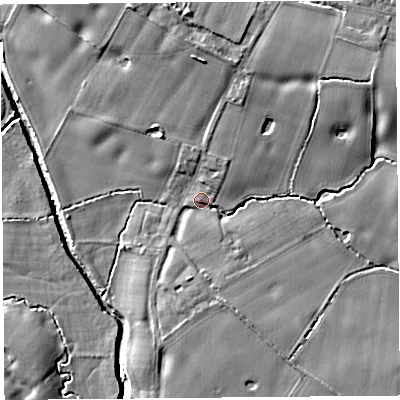 Shaded relief map of the ground around L351QD, computed from Environment Agency LiDAR. The ground here sits at about 10 m above sea level and falls 11 m across the surrounding 800 m. Surface water reaching this point runs off ground lying to the north, 8.2 m higher.