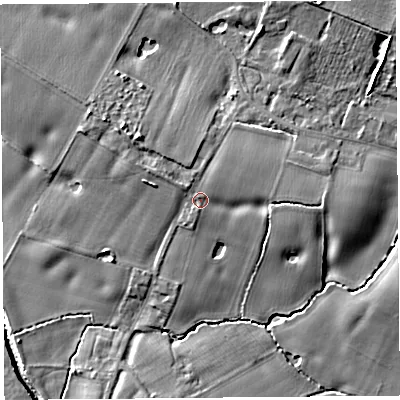 Shaded relief map of the ground around L351QH, computed from Environment Agency LiDAR. The ground here sits at about 14 m above sea level and falls 13 m across the surrounding 800 m. Surface water reaching this point runs off ground lying to the north, 1.2 m higher.
