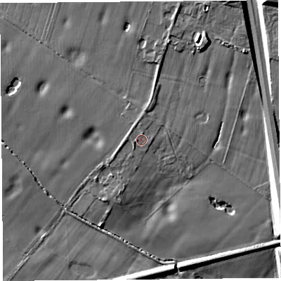 Shaded relief map of the ground around L351QN, computed from Environment Agency LiDAR. The ground here sits at about 12 m above sea level and falls 13 m across the surrounding 800 m. Surface water reaching this point runs off ground lying to the north, 1.1 m higher.