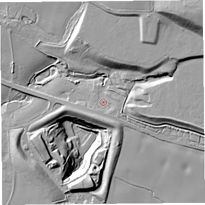 Shaded relief map of the ground around L351QR, computed from Environment Agency LiDAR. The ground here sits at about 23 m above sea level and falls 46 m across the surrounding 800 m. Surface water reaching this point runs off ground lying to the east-south-east, 2.1 m higher.