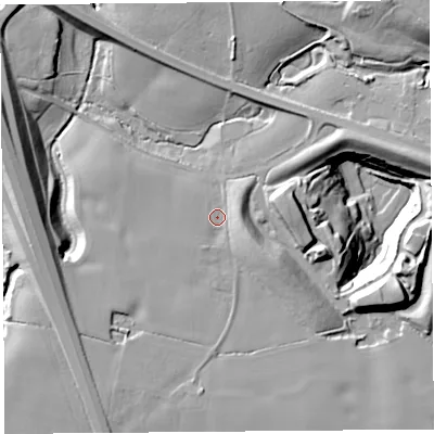 Shaded relief map of the ground around L351QZ, computed from Environment Agency LiDAR. The ground here sits at about 18 m above sea level and falls 32 m across the surrounding 800 m. Surface water reaching this point runs off ground lying to the south-east, 7.0 m higher.