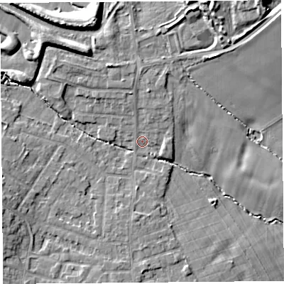 Shaded relief map of the ground around L354PB, computed from Environment Agency LiDAR. The ground here sits at about 63 m above sea level and falls 17 m across the surrounding 800 m. Surface water reaching this point runs off ground lying to the north, 2.8 m higher.