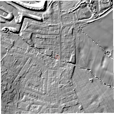 Shaded relief map of the ground around L354PH, computed from Environment Agency LiDAR. The ground here sits at about 63 m above sea level and falls 17 m across the surrounding 800 m. Surface water reaching this point runs off ground lying to the north-west, 7.6 m higher.