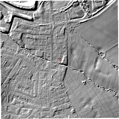 Shaded relief map of the ground around L354PT, computed from Environment Agency LiDAR. The ground here sits at about 63 m above sea level and falls 17 m across the surrounding 800 m. Surface water reaching this point runs off ground lying to the north, 2.8 m higher.