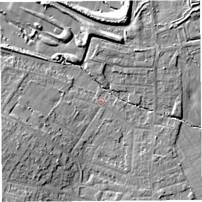 Shaded relief map of the ground around L354PZ, computed from Environment Agency LiDAR. The ground here sits at about 64 m above sea level and falls 12 m across the surrounding 800 m. Surface water reaching this point runs off ground lying to the west-south-west, 7.3 m higher.