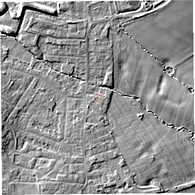 Shaded relief map of the ground around L354QY, computed from Environment Agency LiDAR. The ground here sits at about 63 m above sea level and falls 15 m across the surrounding 800 m. Surface water reaching this point runs off ground lying to the south-west, 1.6 m higher.