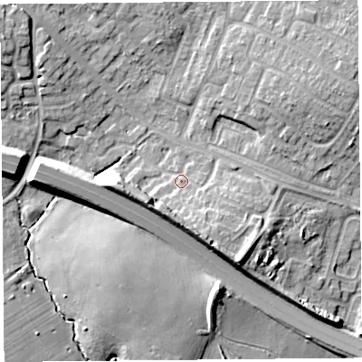 Shaded relief map of the ground around L360XS, computed from Environment Agency LiDAR. The ground here sits at about 24 m above sea level and falls 16 m across the surrounding 800 m. Surface water reaching this point runs off ground lying to the south-south-east, 7.6 m higher.