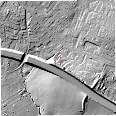 Shaded relief map of the ground around L360XZ, computed from Environment Agency LiDAR. The ground here sits at about 22 m above sea level and falls 15 m across the surrounding 800 m. Surface water reaching this point runs off ground lying to the south-south-west, 9.7 m higher.