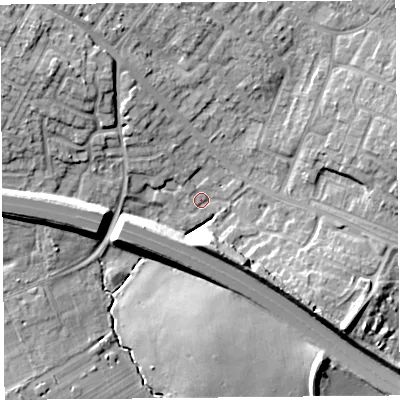Shaded relief map of the ground around L360YN, computed from Environment Agency LiDAR. The ground here sits at about 22 m above sea level and falls 15 m across the surrounding 800 m. Surface water reaching this point runs off ground lying to the south-east, 12.7 m higher.
