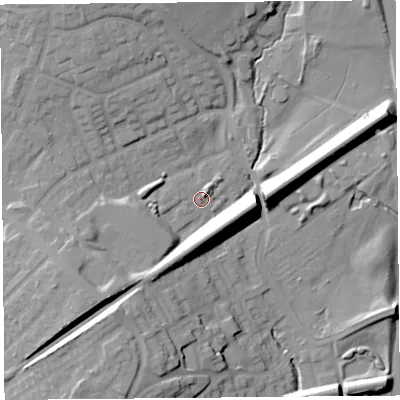 Shaded relief map of the ground around L361AB, computed from Environment Agency LiDAR. The ground here sits at about 35 m above sea level and falls 23 m across the surrounding 800 m. Surface water reaching this point runs off ground lying to the south-west, 15.6 m higher.