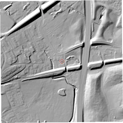 Shaded relief map of the ground around L366BF, computed from Environment Agency LiDAR. The ground here sits at about 31 m above sea level and falls 24 m across the surrounding 800 m. Surface water reaching this point runs off ground lying to the west, 21.7 m higher.