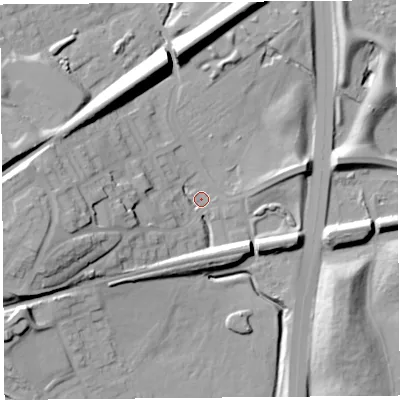 Shaded relief map of the ground around L366EJ, computed from Environment Agency LiDAR. The ground here sits at about 31 m above sea level and falls 25 m across the surrounding 800 m. Surface water reaching this point runs off ground lying to the west, 20.9 m higher.