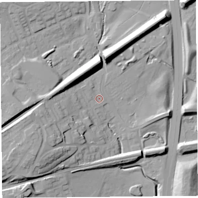 Shaded relief map of the ground around L366EU, computed from Environment Agency LiDAR. The ground here sits at about 32 m above sea level and falls 26 m across the surrounding 800 m. Surface water reaching this point runs off ground lying to the north-east, 19.3 m higher.
