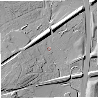 Shaded relief map of the ground around L366HN, computed from Environment Agency LiDAR. The ground here sits at about 32 m above sea level and falls 26 m across the surrounding 800 m. Surface water reaching this point runs off ground lying to the north-east, 19.3 m higher.
