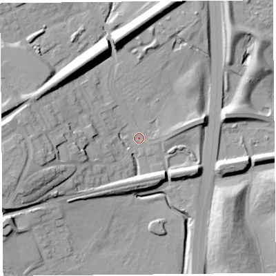 Shaded relief map of the ground around L366HW, computed from Environment Agency LiDAR. The ground here sits at about 31 m above sea level and falls 24 m across the surrounding 800 m. Surface water reaching this point runs off ground lying to the west, 20.9 m higher.