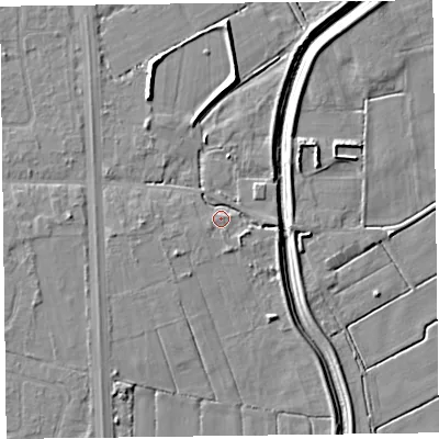 Shaded relief map of the ground around L370AA, computed from Environment Agency LiDAR. The ground here sits at about 5 m above sea level and falls 7 m across the surrounding 800 m. Surface water reaching this point runs off ground lying to the east-south-east, 2.9 m higher.