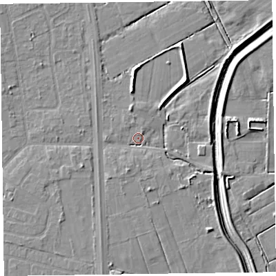Shaded relief map of the ground around L370AE, computed from Environment Agency LiDAR. The ground here sits at about 5 m above sea level and falls 7 m across the surrounding 800 m. Surface water reaching this point runs off ground lying to the south-south-west, 3.5 m higher.