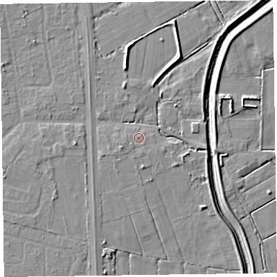 Shaded relief map of the ground around L370AF, computed from Environment Agency LiDAR. The ground here sits at about 5 m above sea level and falls 7 m across the surrounding 800 m. Surface water reaching this point runs off ground lying to the west-south-west, 1.6 m higher.